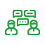 An icon with 2 people talking in forest green outline